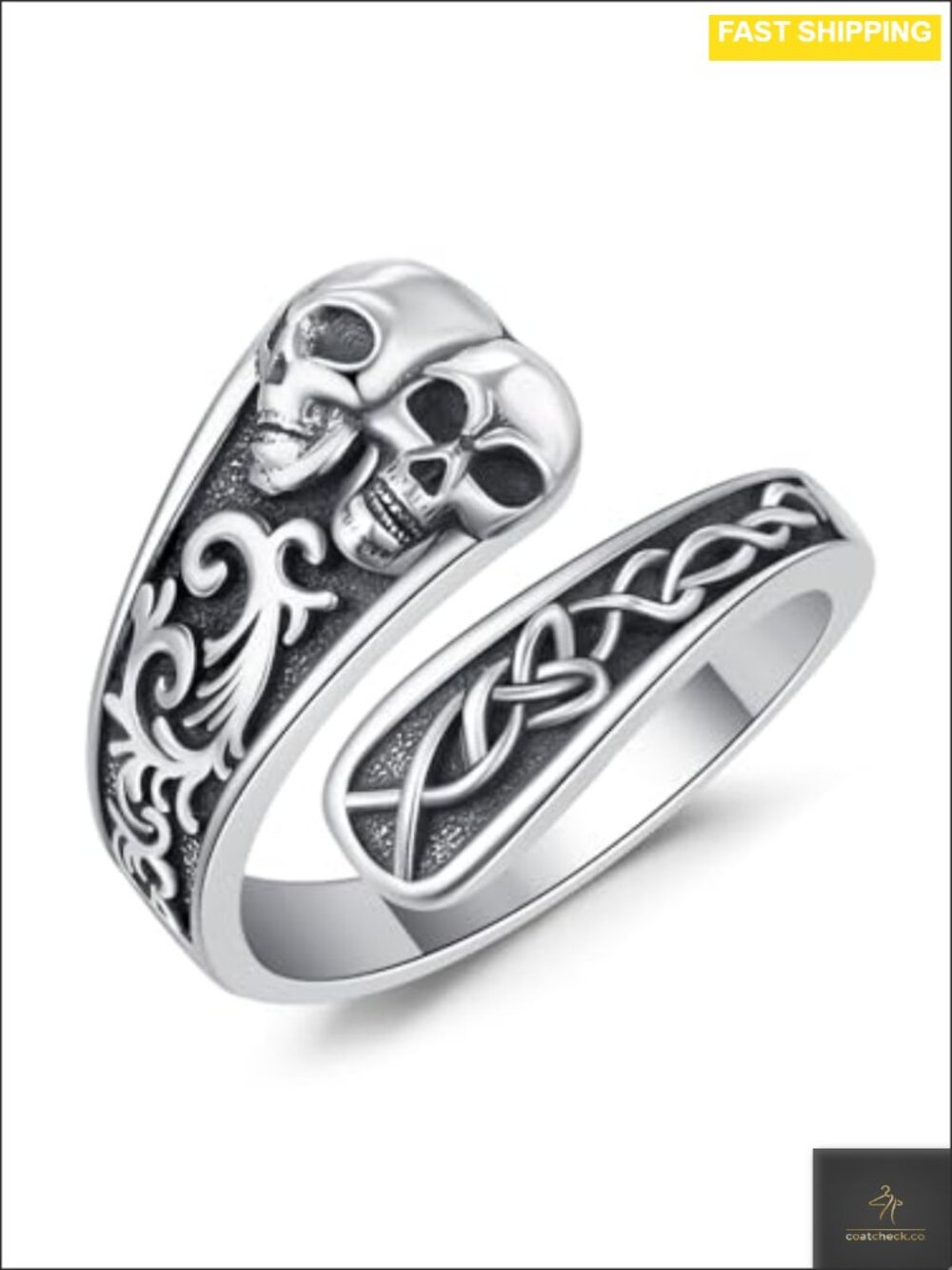 925 Sterling Silver Skull Bypass Spoon Ring Adjustable Gothic Statement
